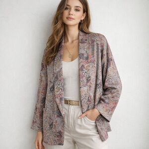 Vintage Frank Lee Womens 9/10 Open Front Floral Paisley Blazer Jacket Silk Blend